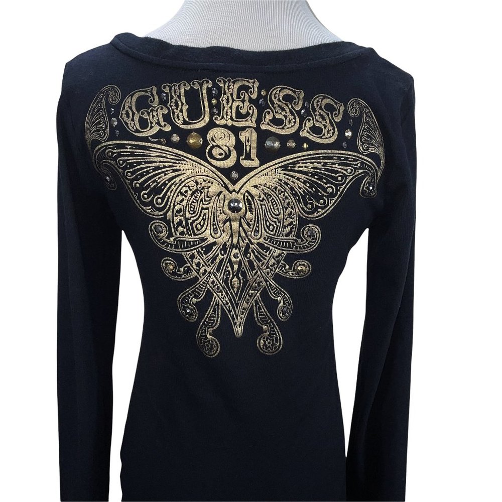 Vintage GUESS 1981 Beaded Gold Logo & Heart Print Black Knit Top Size M T-Shirt - Picture 7 of 11